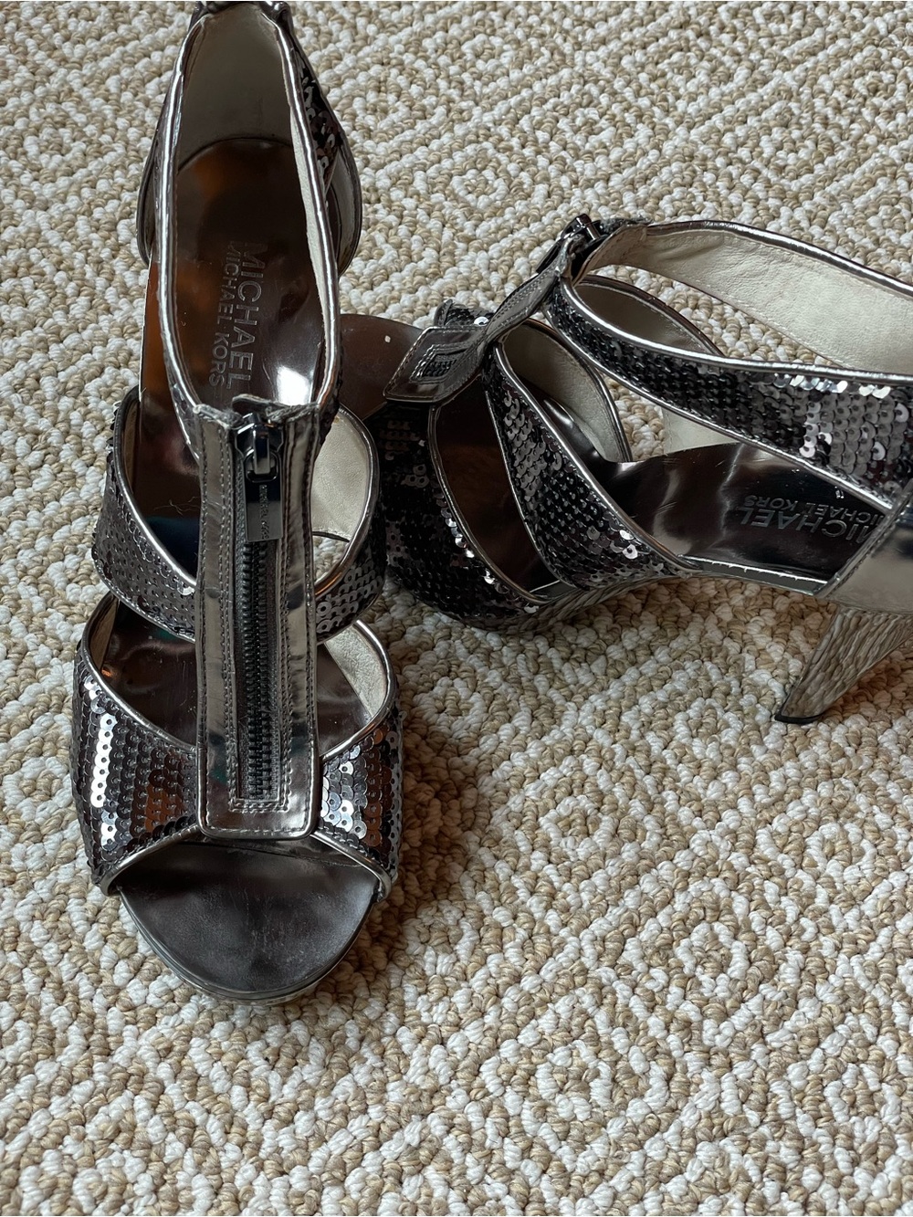 Michael Kors Berkley Sequin T-Strap Heels - Gunmetal Silver Size 9